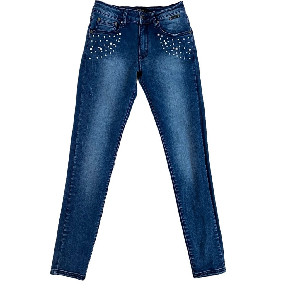 Oxygen jeans beaded skinny high rise blue lightly distressed stretch size medium